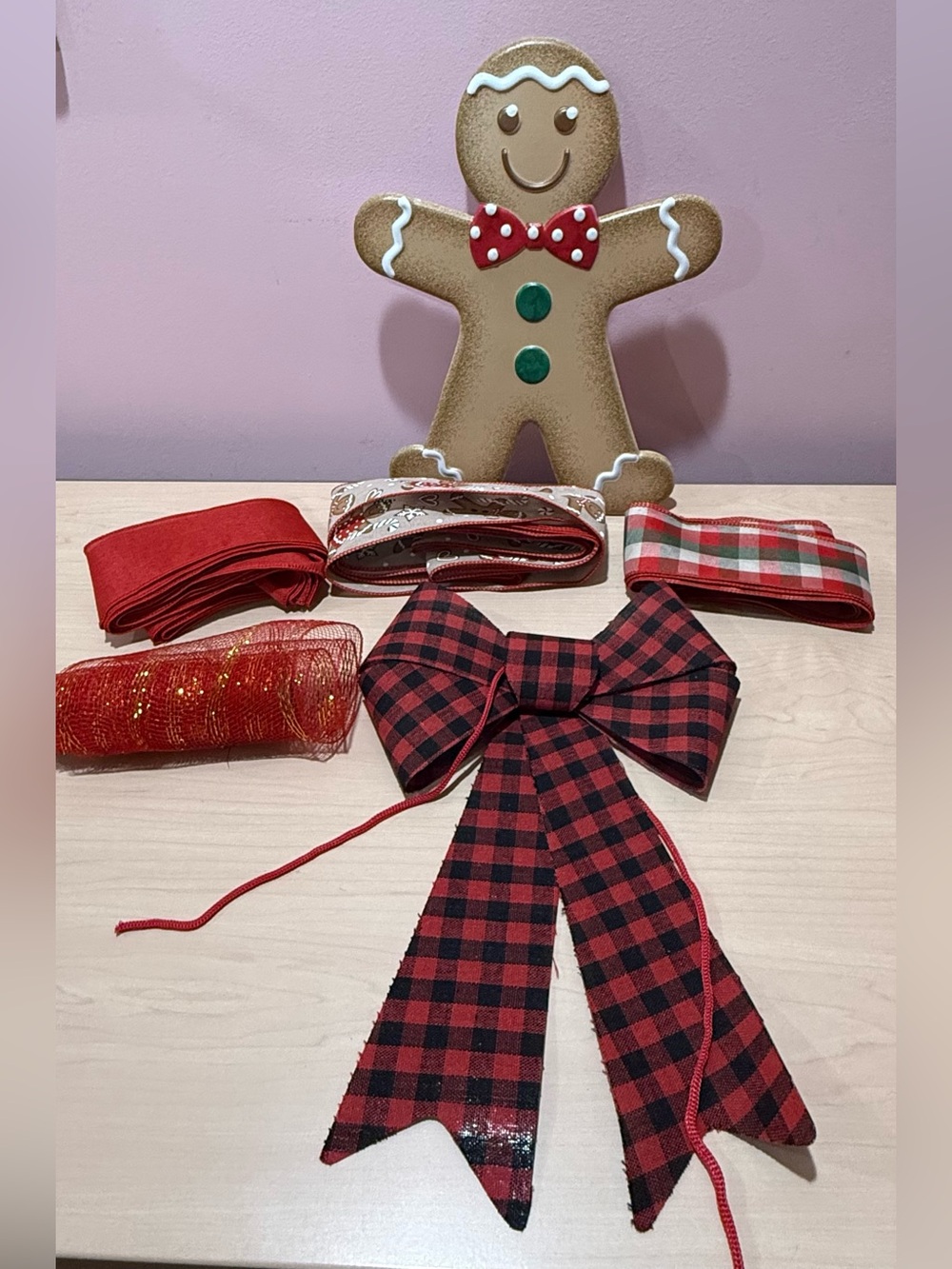 Gingerbread Man Metal Wall Decor for wreath and Christmas Ribbon Bundle
